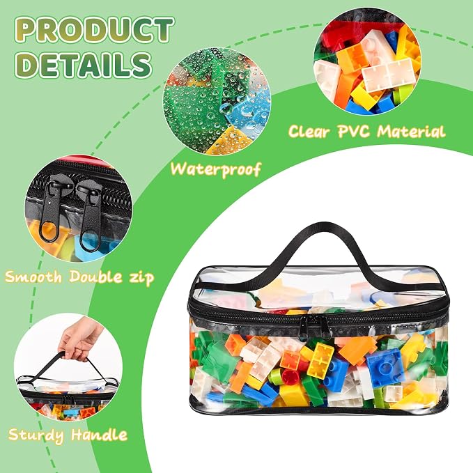 4 Pack Clear Toy Storage Bags, PVC Waterproof Toy Organizer, Black | Waterproof PVC, Transparent View, Reusable Zip Bags, Label Tags, for Blocks, Puzzles, Board Games, Travel and Home Storage