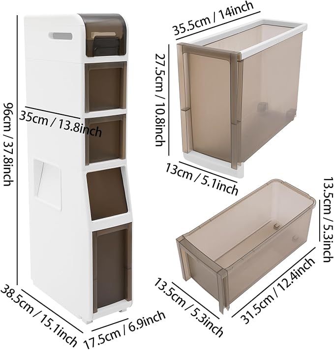 Slim Bathroom Storage Cabinet with Trash Can, Narrow Movable Waterproof Bathroom Floor Cabinet with Toilet Paper Holder for Bathrooms Toilet (15.1 * 6.9 * 37.8in)