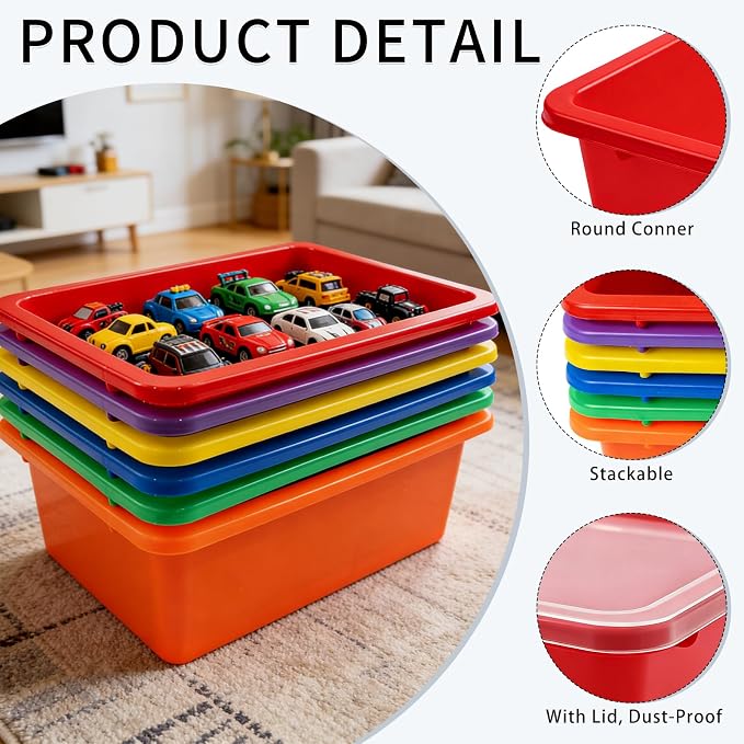Nexboraque 6 Pack Colored Bins with Lids | 5 Qt Plastic Cubby Bins Storage Bins Stackable Toy Bins Organizer for Classroom, Home