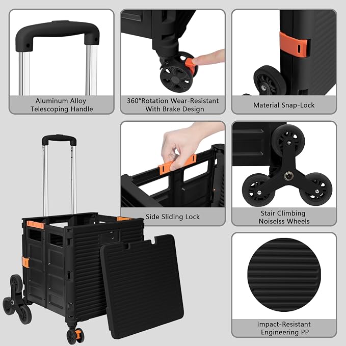 FELICON SELORSS Folding Utility Climber Cart Portable Rolling Crate-Black | Stair Climbing Wheels+360°Swivel Wheels,Telescoping Handle,Plastic Box Dolly for Travel Shop Move Laundry Office Teacher Use