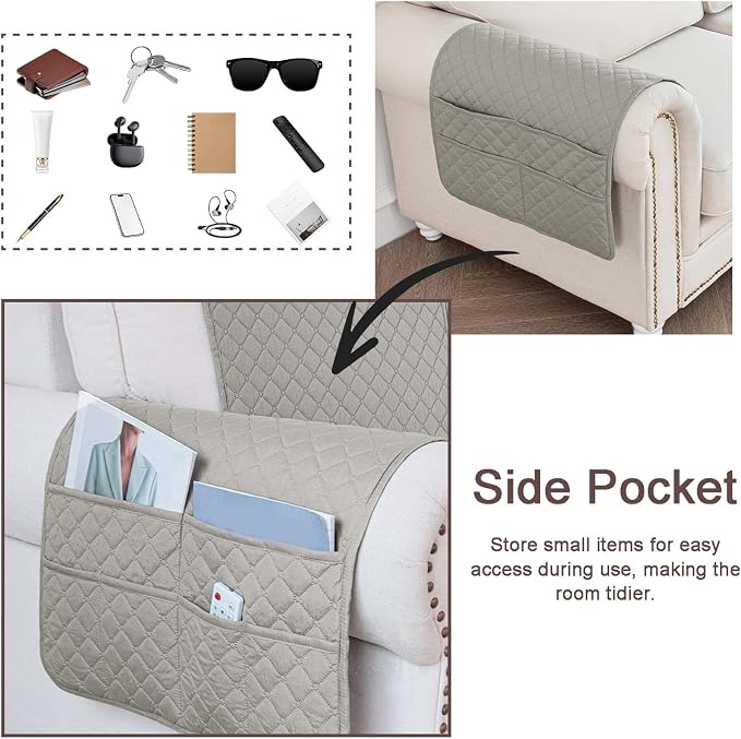 Large Polyester Armrest and Headrest Covers with 2 Pockets | Soft, smooth polyester resists daily wear nonslip silicone backing helps shield recliners and sofas from pet scratches