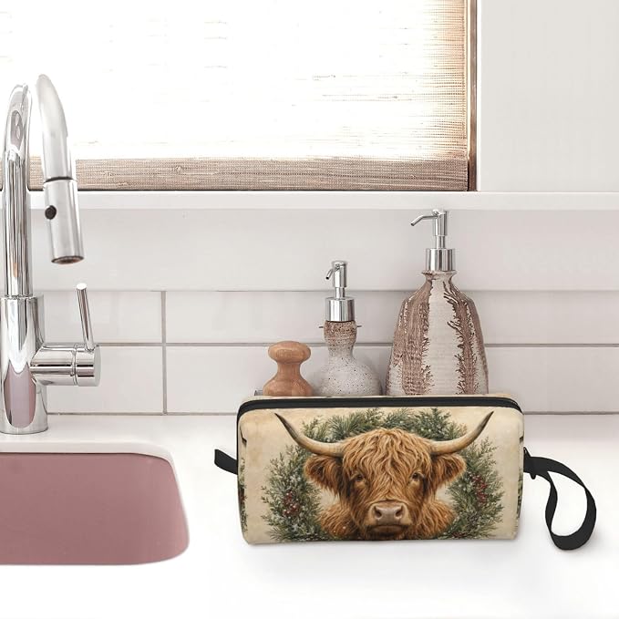 Highland Cow Evergreen Wreath Makeup Bag for Women, Cosmetic Pouch | Double-Sided Highland Cow Wreath Cosmetic Organizer with Foam Padding for Women, Travel, Gym, School, and Daily Storage
