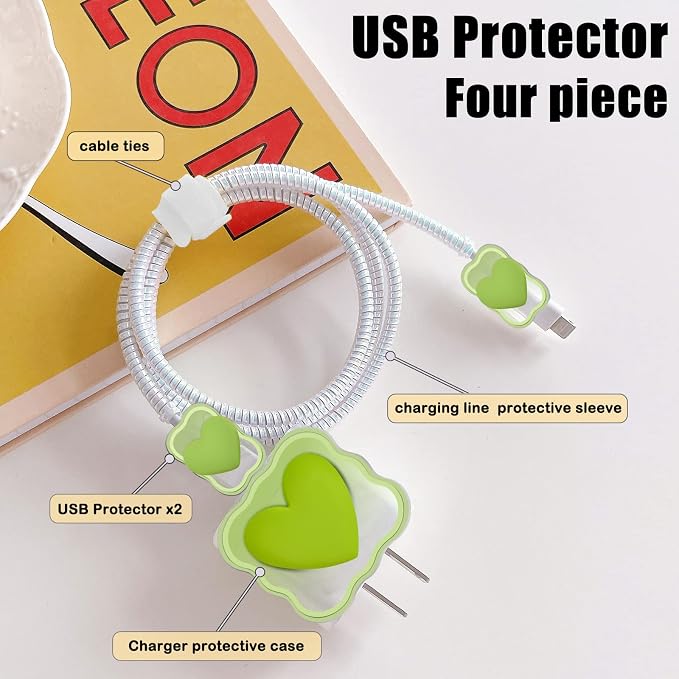 CameCosy Waves Cable Protector for iPhone Charger,Cute Protectors for Type-C Data Cable with Love Heart Pattern Data Line Phone Wire Saver Protector for iPhone 11 12 13 14 Pro Max-Green