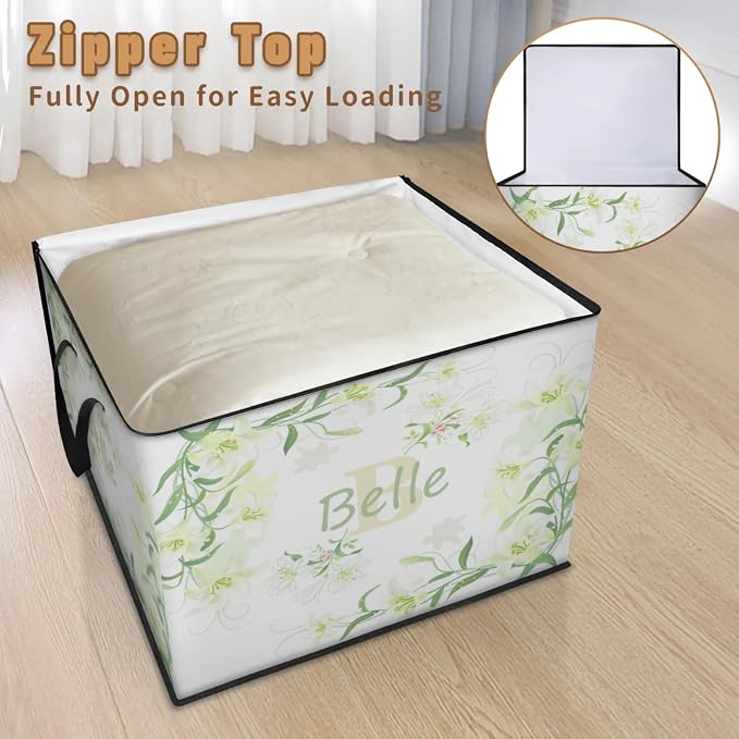 Custom Storage Baskets Cubes for Home with Name, Initial letter Large Foldable Organizer Storage Bins for Home Blanket Comforters Clothes Closet Nursery, Light Yellow Lily Floral