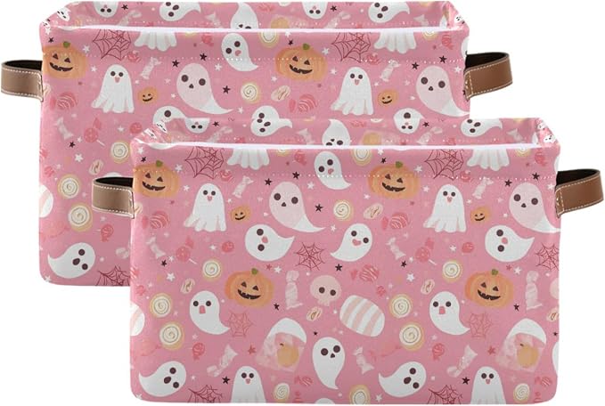Wamika Halloween Pink Storage Basket with Waterproof Liner and PU Handles Pumpkin Ghost Candy Storage Bins Boxes 14.2" Collapsible Decorative Organizer Baskets for Bedroom Closet Office 2 Pack