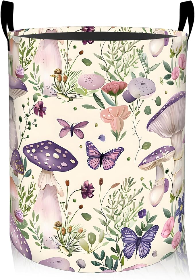 Mushroom Floral Laundry Basket, Oxford Cloth Pastel Dreamy Dirty Clothes Collapsible Hamper for Room Decor, Butterfly Flower Print Gifts Toy Organizer 19.7*15.7 Inch for Bedroom Bathroom Dorm