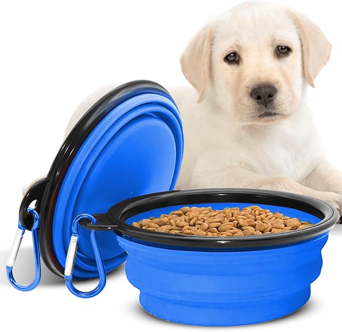 Collapsible Dog Water and Food Bowls, Blue, BPA Free | for Travel, Portable, Dogs and Cats, Foldable Pet Feeding Dish, Walking Hiking Camping with Carabiner