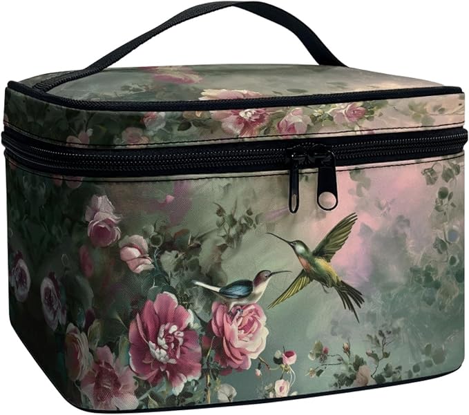 Hummingbird Make Up Bags for Women Portable Lightweight Floral Cosmetic Bag with Handle Womens Travel Makeup Bag for Vacation Daily Party