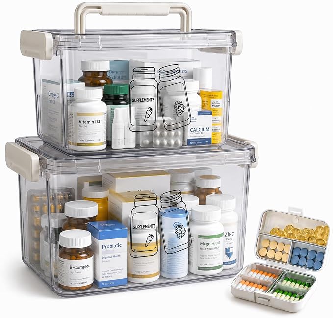 3 Pack Supplement Bottle Organizer with Travel Pill Organizer, Clear Plastic Vitamin Pill Bottle Organizer with Lid & Handle, Stackable First Aid Box Empty for Medicine, Fish Oil, Supplements