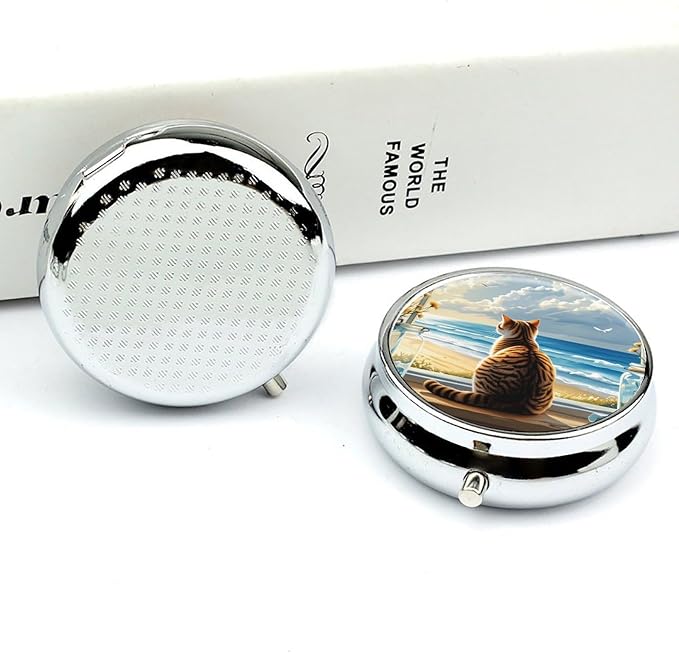 Cat On Windowsill Metal Round Pill Box, 3 Compartment Travel Organizer, Portable Pill Container with Secure Latch, 2 Inch Circular Vitamin Caddy for Pills and Vitamins, Gift for Him Her Elderly