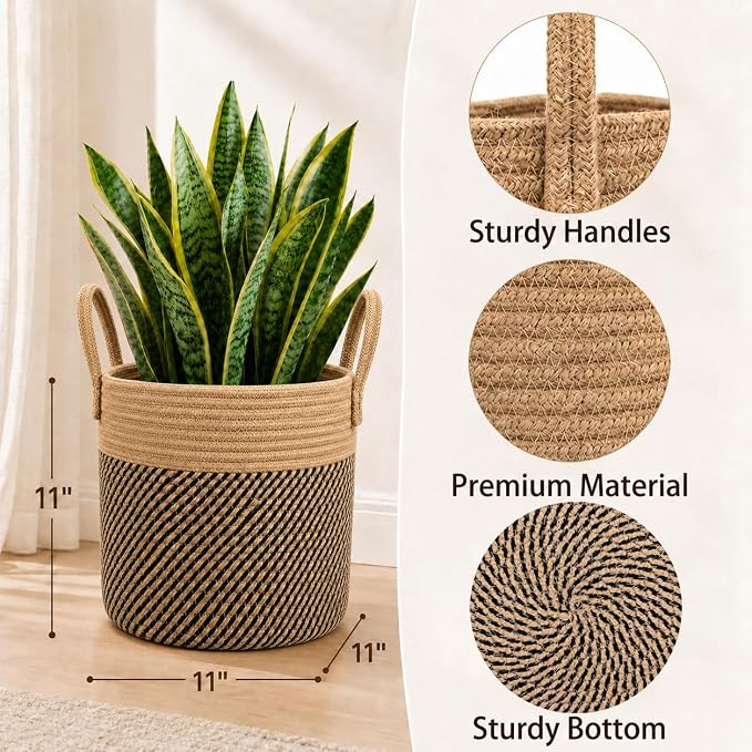 Woven Plant Basket with Handles, 11"x11" Round Rope Wicker Basket for 8-10" Plant Pots, Boho Decor Storage Organizer for Blankets, Toys, Towels, Rustic Storage Bin for Home, Black Stripes