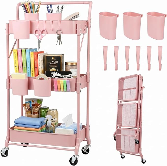 Amatic 3-Tier Folding Rolling Utility Cart with Wheels, Foldable Storage Cart Organizer with 3 Hanging Cups & 6 Hooks for Kitchen, Office, Living Room, Nursery(Pink)