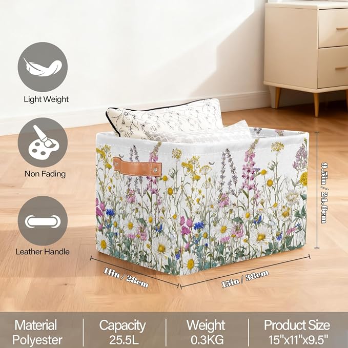 Pardick Storage Baskets Bin, Spring Wildflowers Floral Collapsible Canvas Fabric Storage Bin Decorative Baskets Toy Organizer Rectangle Storage Boxes with handles for Home Shelves Nursery,Q-4