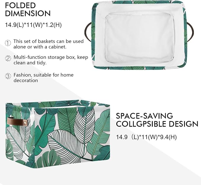 Tropical Leaves Bin - Large Storage Basket for Home Office (15x11x9.5inch)