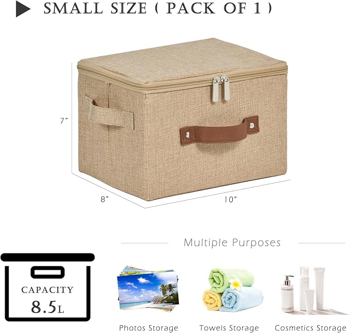 Storage Bins with Zipper Lids Decorative Lidded Baskets Boxes | Clothes Container, Closet Shelf Organizer, Foldable Washable, Cotton Linen Fabric, w/ PU Leather Handles, Linen Color, Small