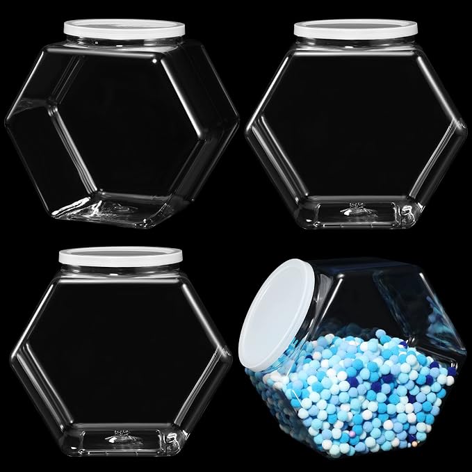 EBOOT 4 Pieces 70 oz Plastic Candy Jars Clear Cookie Jars bulk for Kitchen Counter Hexagon Cookie Jar with Lid Laundry Pod Storage Container Dry Food for Buffet Snack Craft Supplies