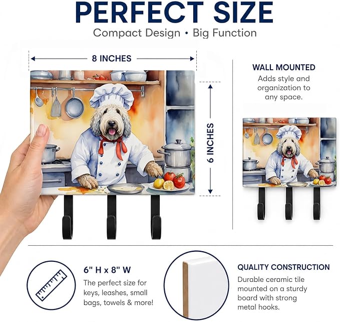 Caroline's Treasures Komondor The Chef Leash or Key Holder Wall Hooks, Key Hooks Holder, Coat Rack Wall Mount, Coat Hooks, Hooks for Hanging Keys, Towels, Aprons, Leashes | Komondor The Chef artwork on ceramic tile with three steel hooks for keys, leas...