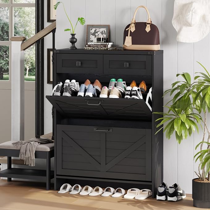 Halitaa Shoe Cabinet with 2 Flip Drawers & 2 Drawers,Farmhouse Shoe Storage Cabinet for Entryway,Slim Freestanding Narrow Organizer Rack for Front Door Entrance,Black