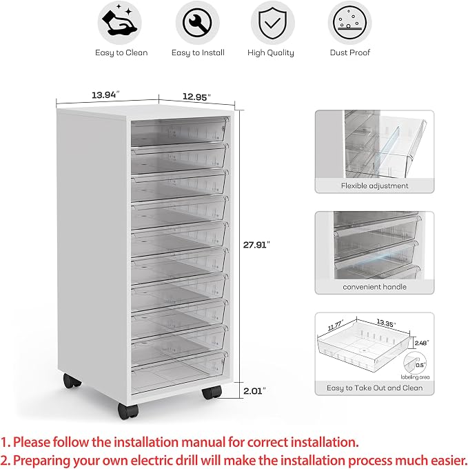 Storage Drawer Cart, Mobile Storage Cabinet, Makeup Storage with 10 Large Clear Drawers, Utility Wooden Rolling Cart on Wheels, for Cosmetic, Art Craft, Office Supplies, Toy, White