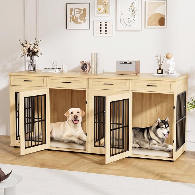 VOWNER 87"Dog Crate Furniture for 2 Dogs, Double Dog Cage Furniture,Natural | Extra Large Wooden Dog Kennel with 4 Drawer, Removable Divider, Furniture-Style TV Stand, XXL Dog Crate for Large Medium Dogs
