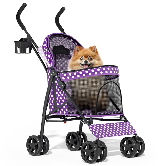 MoNiBloom Pet Stroller for Small/Medium Dogs and Cats, Purple Polka Dots | Foladble 4 Wheels Easy-Fold Puppy Cage Jogger Stroller with Sun Cover, Pad and Rear Storage Bag, Breathable and Visible Mesh