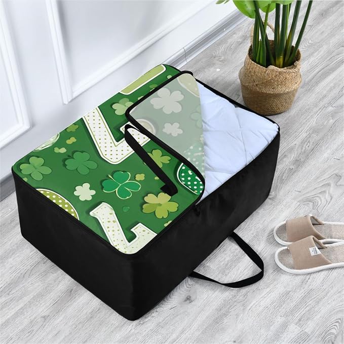 Comforter Storage Bags Large Folding Blanket Organizer Bag with Strong Handles Clear Window Closet Storage Containers for Clothes King Queen Pillows Bedding Quilt Duvet Dark Green Clovers 67