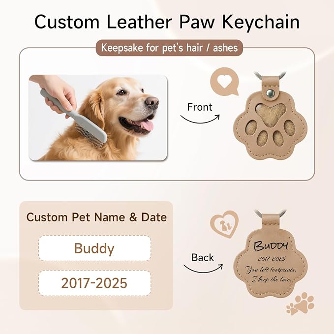 Personalized Pet Memorial Gifts for Dogs - Custom Name Paw-Shaped Leather Keychain, Refillable Keepsake for Bag or Key