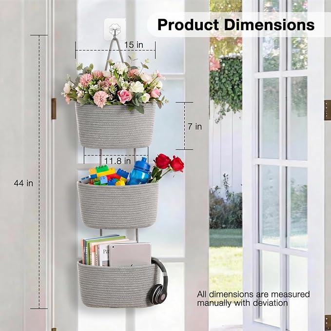 ICERZCZ Hanging Baskets for Organizing, Over the Door Decorative Storage Organizer, Nursery Decor Organization, 3-Tier Wall Basket for Entryway Playroom Bathroom Closet, Light Gray