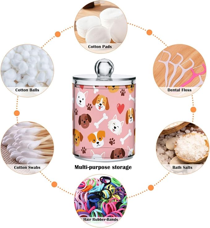 2 Pack Plastic Cotton Swab Ball Pad Holder Pets Dogs Pink Pattern Jars Bathroom Storage Organizer Holder Canisters with Lid for Hair Accessories Cotton Ball Pads Hair Clips