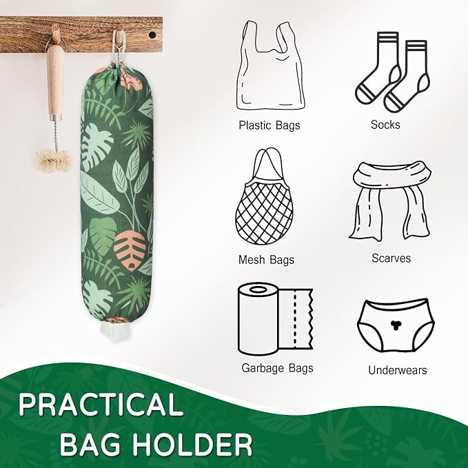 Plastic Bag Holder, Reusable Grocery Bag Holder for Plastic Bags Groceries Store, Flower Canvas Trash Plastic Bag Organizer Storage Holders for Home Kitchen Pantry Decor (Green Seaweed)