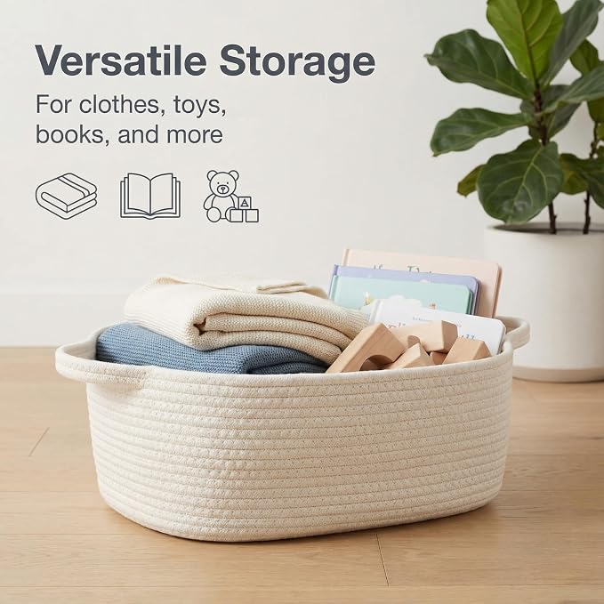 Cotton Rope Storage Basket with Handles, Natural Woven Basket, Decorative Rectangle Organizer Bin for Home, Nursery, Montessori, Dog Toy Storage and Bathroom Organization, White