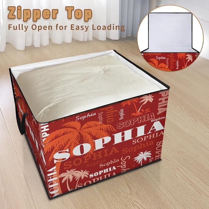 Personalized Large Storage Basket with Lid, Comforters, Bedding Storage Bin with Handles for Home, Collapsible Basket for Clothes, Moving, Car Trunk, Orange White Palm Trees Red Background