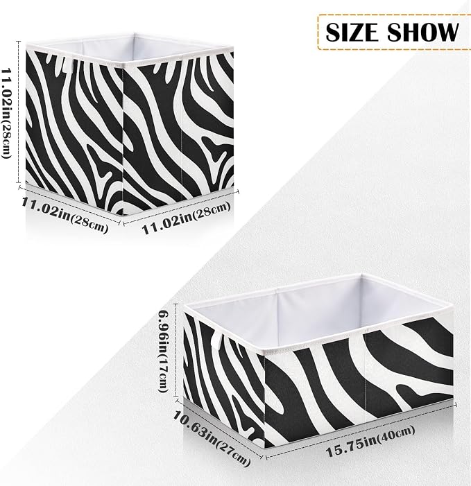 Black and White Zebra Print Cube Storage Bins Collapsible Fabric Storage Baskets Large Clothes Organizer Box for Bedroom Living Room Study Room 11×11×11 In