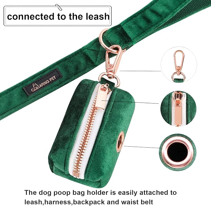 ARING PET Dog Poop Bag Holder, Velvet Doggy Waste Bag Dispenser Attach to Any Leashes, Dark Green Portable Washable Pet Waste Pouch Dispenser with Metal Zipper