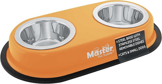Master Pet Supply Double Dog Bowls Set with Elevated Base and 2 (8 oz) Stainless Steel Removable Dishes (Mango Tango) – Double Cat Food Water Bowl, Dog Puppy Food Bowl Set, Rust Resistant