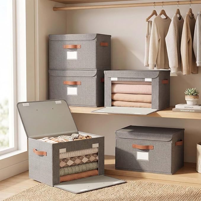 Tuza 2 Pack Storage Bins with Lids, Large Closet Storage Bins with Handles, Stackable Decorative Storage Boxes for Shelves Under Bed, Clothes Blankets Sweater Storage
