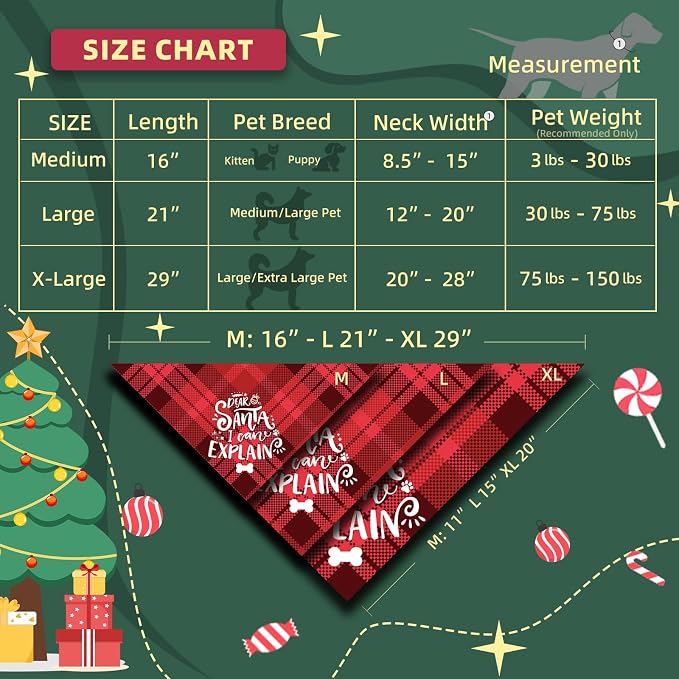 Christmas Dog Bandanas - Dear Santa I Can Explain, Funny Holiday Stocking Stuffers Pet Scarf Naughty & Nice Gifts Idea, Red Plaid, Small & Medium Breed, 5-25lbs