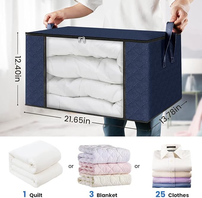 4 Pack Storage Bags for Clothes Blanket Storage Bins with Lids | Foldable Closet Organizers with Zippers,Window and Handles,Fabric Storage Bins for Sweater,Comforter,Bedding,Dorm essentials