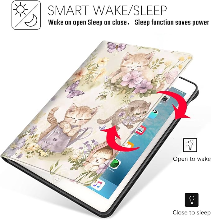 Tablet Case for iPad 10.2 Inch (9th/8th/7th Gen),Shockproof Protective Cover with Stand,Auto Wake/Sleep,Auto Wake/Sleep,Cat Flower Butterfly