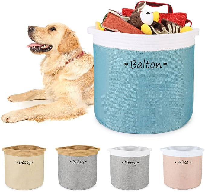 Personalized Dog Toy Storage Basket Bin Collapsible Customized Pet's Name Round Storage, Organizer for Dog Toys、Clothing、Apparel & Accessories with Box (Heart White Blue)