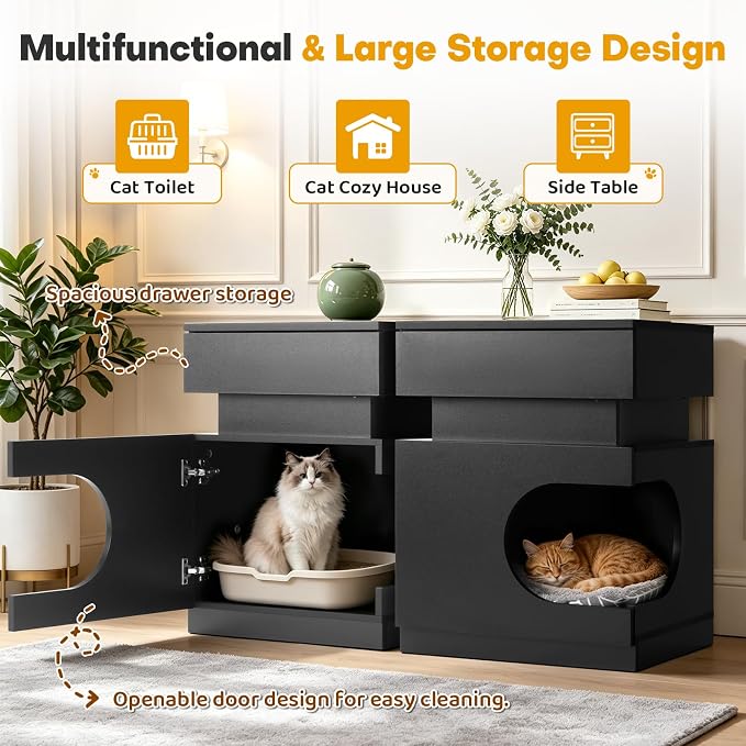 18" Pet Nightstand Charging LED Cat Cave Storage Drawer Side Table Black | Built-in charging: 2 AC outlets, 2 USB-A & Type-C ports, LED soothes pets at night, cushioned cave, drawer stores supplies