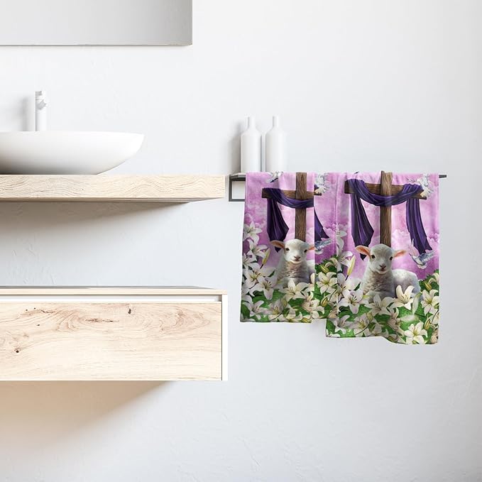 Giwawa He is Risen Towel Set of 2, Easter Cross Cute Lamb Decorative Hand Towels, Spring Lily Floral Print Soft Microfiber Face Towel Washcloth for Bathroom Guest Gym Spa Hotel Holiday