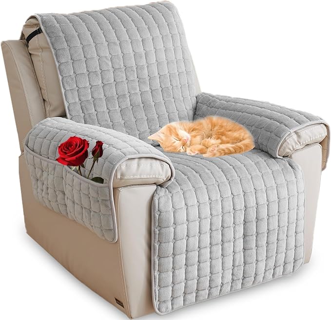 Polyester Flannel Recliner Cover, Non-Slip with 2 Side Pockets | Soft short-pile polyester with silicone backing guards armrests from pet scratches; thick one-piece cover, machine washable.
