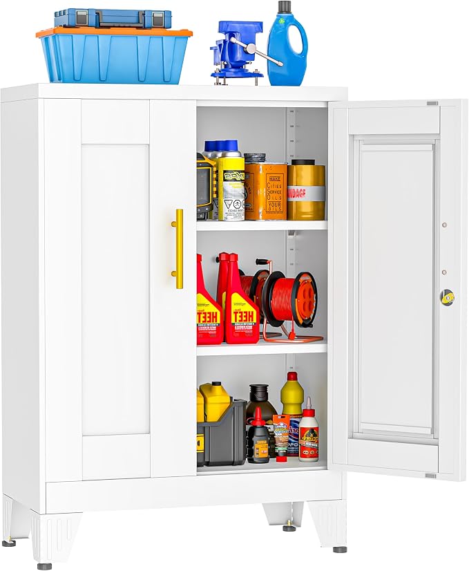 Small Metal Storage Cabinet, Lockable Tool Cabinet with Doors and 2 Shelves | Compact 23.6-Inch Width, 2 Adjustable Shelves, Locking Doors, Magnetic Closure, Adjustable Feet, Cold-Rolled Steel