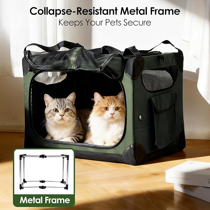 Extra Large 2-Cat Foldable Pet Travel Carrier,24"x17"x17",Green | Removable Divider, Metal Frame Support, Breathable Mesh Panels, With Storage Tote & Padded Straps