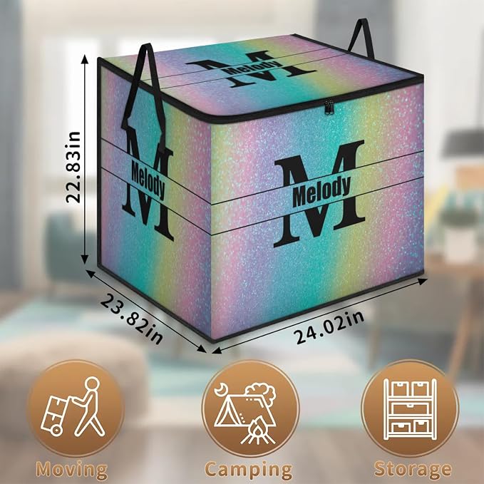 Personalized Extra Large Storage Basket with Lid, Comforters, Bedding Quilt Storage Bin Initial Letter for Home, Collapsible Basket for Clothes, Moving, Car Trunk, Colorful Blue Yellow Pink Bling