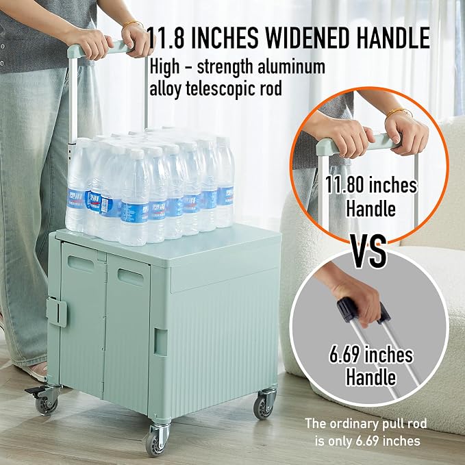 Folding Utility Cart Portable Rolling Crate Handcart Shopping Trolley Collapsible Tool Box, with Lid, on Rotate Wheels, for Grocery, Shopping, Office, Teacher, Camp,File (Green)