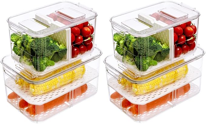 SANNO Fridge Produce Saver Storage Vegetable Fruit Containers Food Produce Saver Container Stackable Refrigerator Organizer Bins Fresh Keeper Drawers Organizer, Set of 4