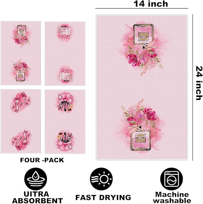 4 Pcs Pink Hand Towels Decor for Bathroom 24x14 Inch, Perfume High Bow Decor Microfiber Reusable Tea Towels for Bathroom, Waffle Weave Dish Drying Towel, Washroom Gifts for Women Mom Friend