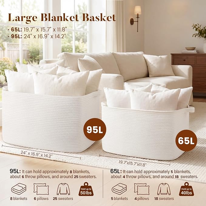 65L Large Woven Blanket Basket for Living Room, 19.7"x15.7"x11.8" | Nursery Laundry Hamper with Handle for Organizing Blankets, Pillows, Toy Storage With Handle, Large Baskets for Organizing